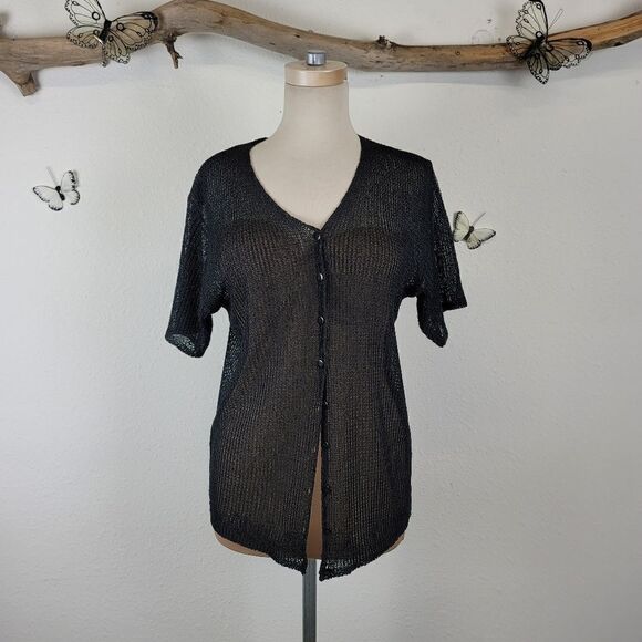 80s semi sheer black short sleeve cardigan - Picture 3 of 5